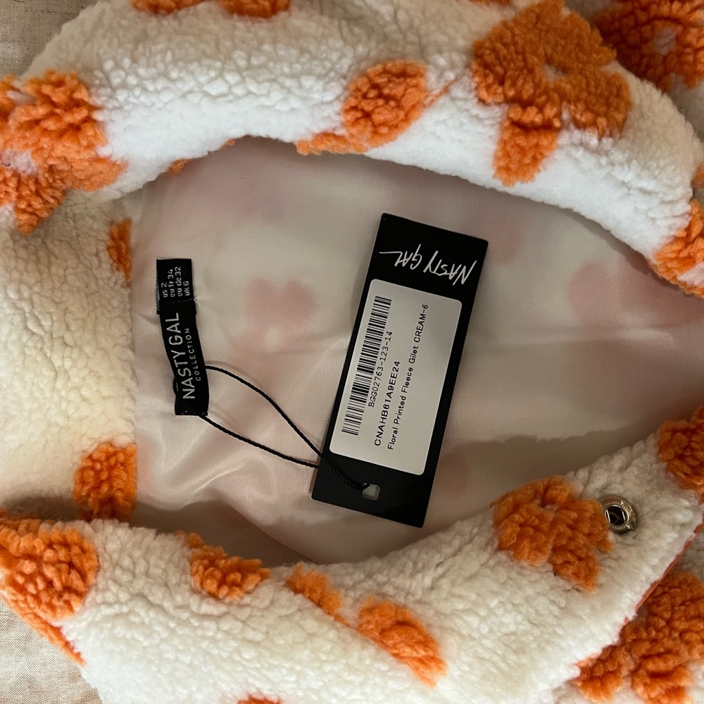 Nasty Gal Cream and Orange Floral Sherpa Vest - Picture 2 of 3